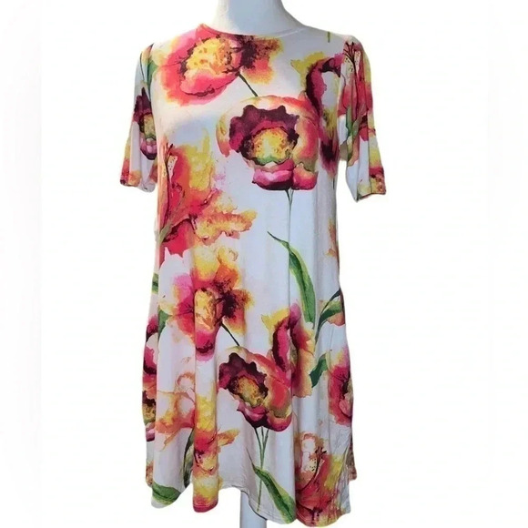 White Pullover Swing Tunic with Pink Yellow Floral Design Agnes & Dora, Size XS - Picture 1 of 3